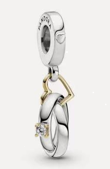Charm colgante anillos entrelazados plata y oro con corazón y circonia