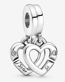 Charm colgante doble corazón grabado Sister y Sis con circonias