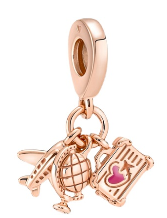 Charm colgante viaje avión, globo y maleta baño oro rosa