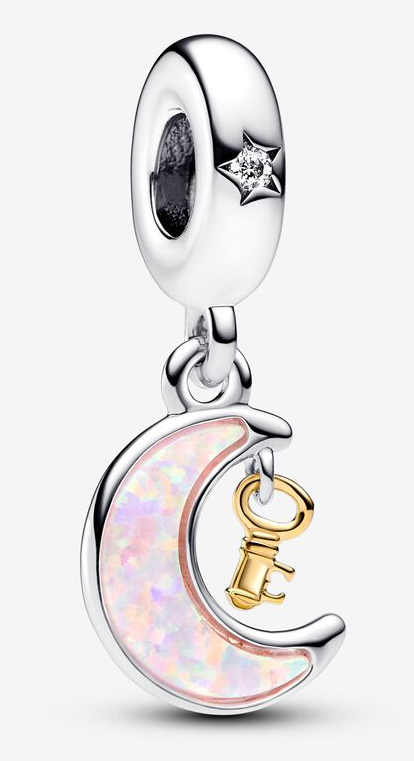 Charm colgante luna ópalo rosa con llave dorada