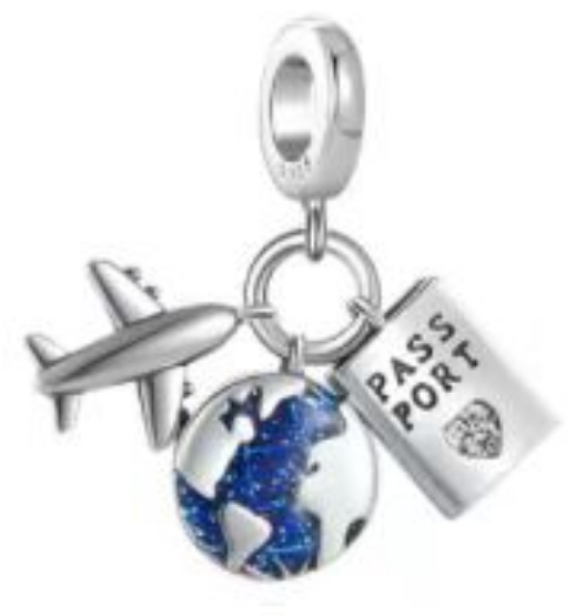 Charm triple avión globo terráqueo y pasaporte