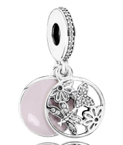 Charm colgante disco flores y mariposa esmalte rosa Pandora