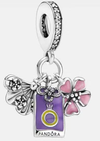 Charm colgante racimo bolso Pandora morado y flores