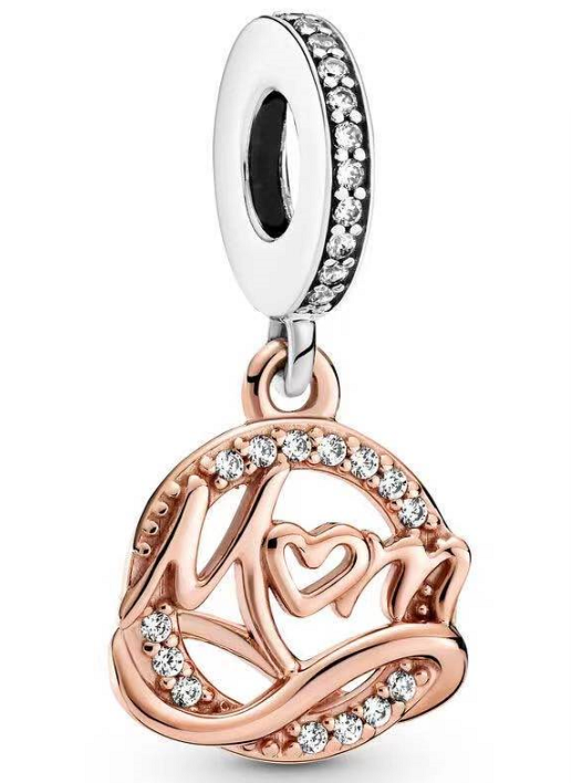 Charm colgante 'Mom' corazón bicolor pavé