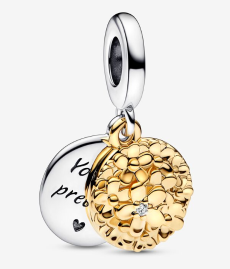 Charm colgante flor dalia baño dorado y disco grabado