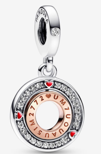 Charm colgante disco giratorio grabado corazones rojos