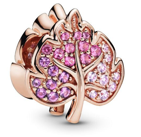 Charm Pandora Hoja Circonias Rosa y Morado Baño Oro Rosa
