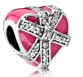 Charm corazón regalo esmalte fucsia lazo pavé