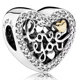 Charm corazón grabado love you pavé y detalle dorado