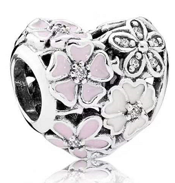 Charm corazón flores esmalte rosa y blanco