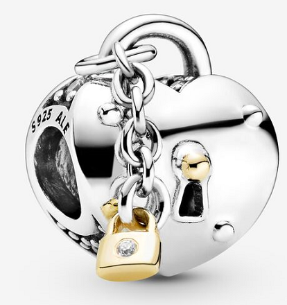 Charm corazón con ojo de cerradura y candado dorado Pandora