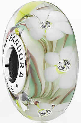 Charm Pandora Cristal Murano Flores Blancas y Hojas Verdes