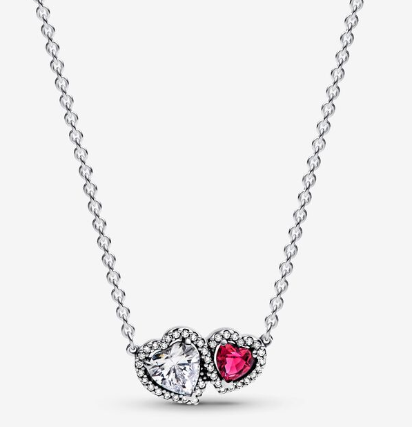 Collar Pandora doble corazón circonia blanca y roja