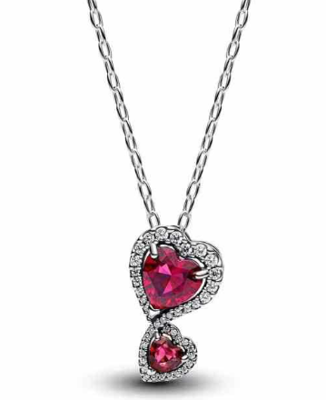 Collar Pandora dos corazones rojos con halo pavé