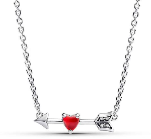 Collar Pandora flecha con corazón de esmalte rojo