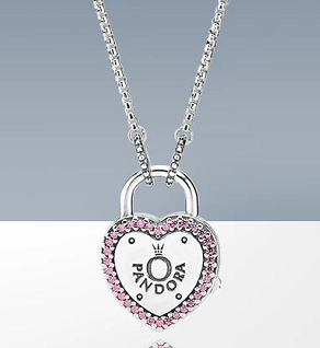 [N31] Collar Pandora Candado Corazón Logo Pavé Rosa