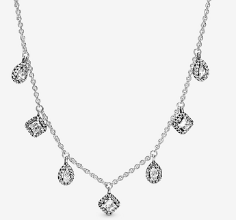 Collar Pandora Colgantes Gota y Cuadrado Pavé Plata