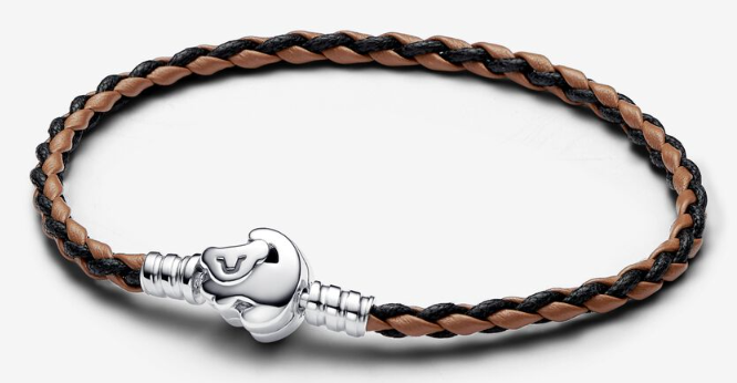 Brazalete cuero trenzado Pandora broche corazón bicolor