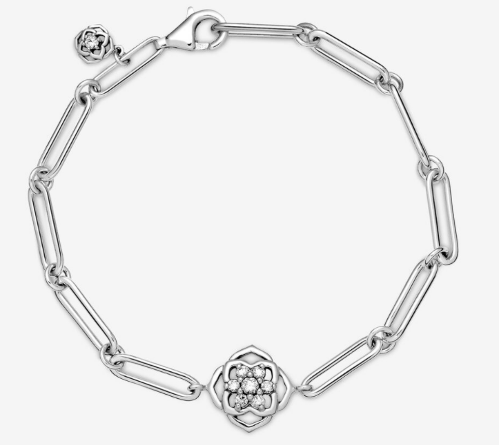 [599409C01] Brazalete Pandora cadena eslabones flor pavé plata