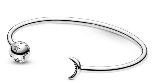 Brazalete rígido abierto Pandora luna y estrellas plata
