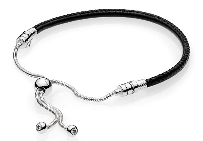 Brazalete deslizante Pandora cuero negro circonias