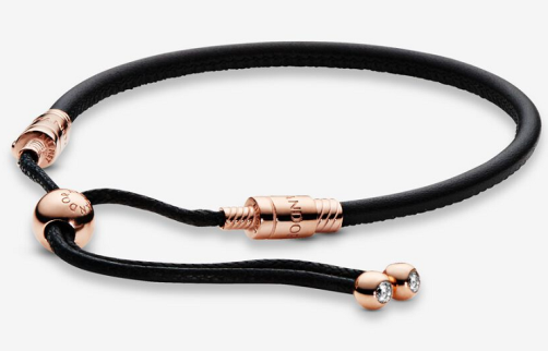 Brazalete deslizante Pandora cuero negro oro rosa circonias