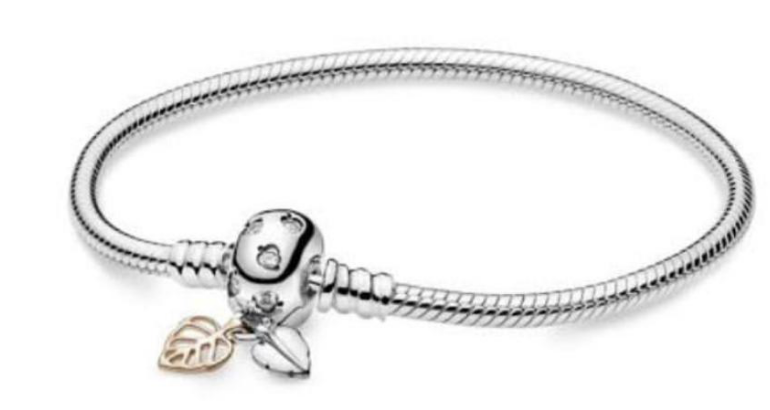 [B90] Brazalete Pandora Moments Hojas Colgantes Bicolor