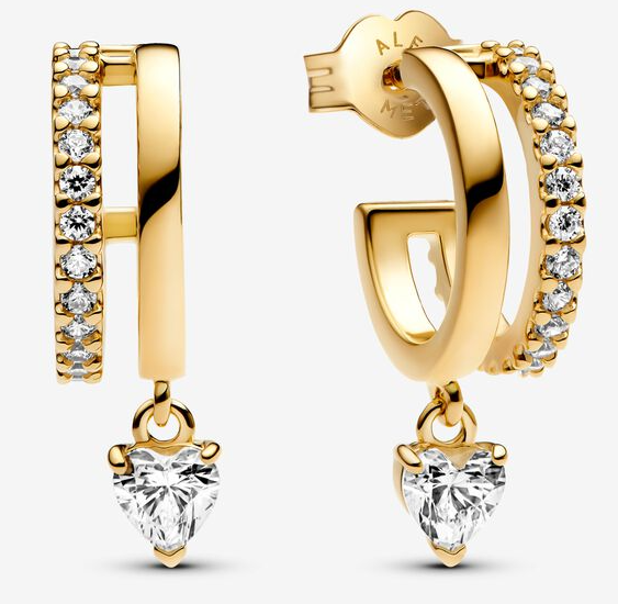 Aretes Pandora Doble Aro Pavé Corazón Colgante Dorado