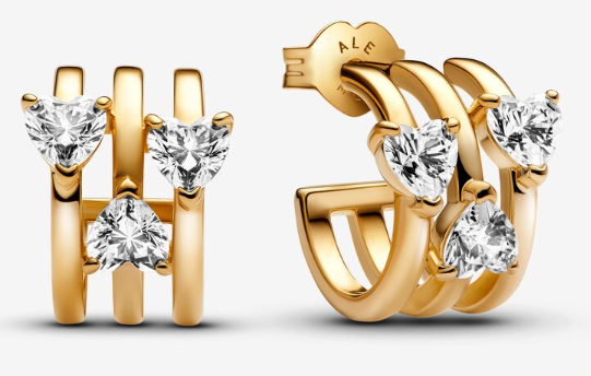 Aretes Pandora Triple Aro Corazones Circonia Dorado