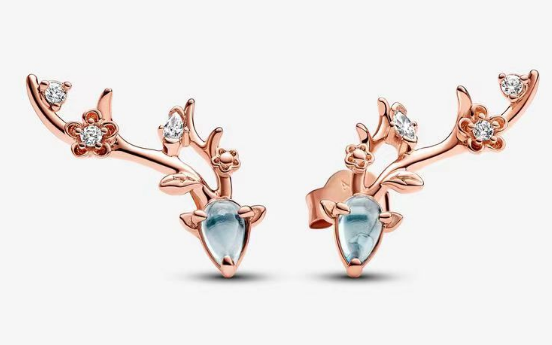 Aretes Pandora Ciervo Piedra Azul Baño Oro Rosa