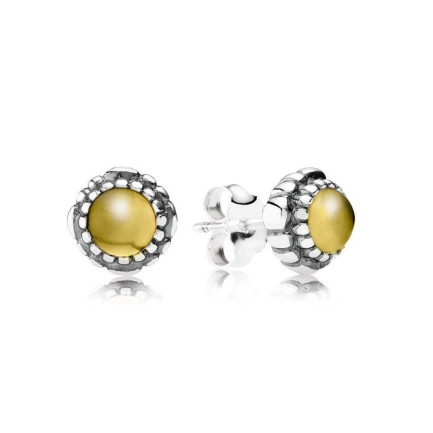 Aretes Pandora botón piedra ámbar plata oxidada