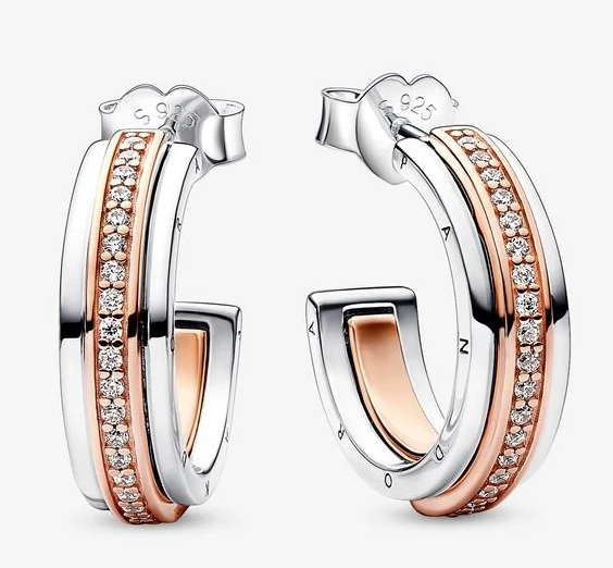 [EH-99] Aretes Pandora Aro Bicolor Pavé y Logo Grabado