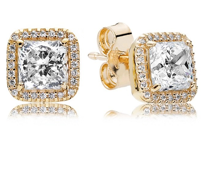 Aretes Pandora baño dorado cuadrado halo