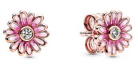 Aretes Pandora margarita esmalte rosa oro rosa