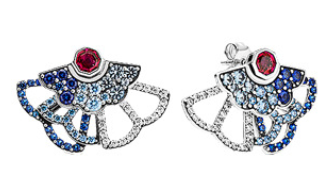 Aretes Pandora abanico escalonado circonias azul y roja