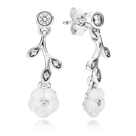 Aretes Pandora colgante flor blanca esmalte y vid con circonias