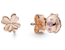Aretes Pandora trébol y mariquita baño oro rosa