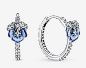 Aretes Pandora aro flor pensamiento esmalte azul