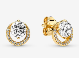 Aretes Pandora circonia redonda halo baño dorado