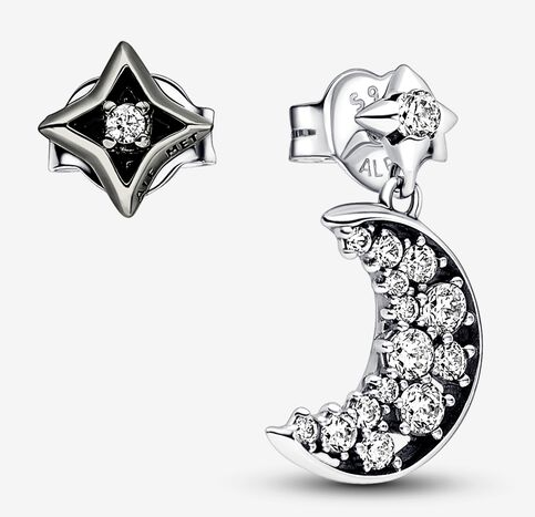 Aretes Pandora luna y estrella asimétricos pavé