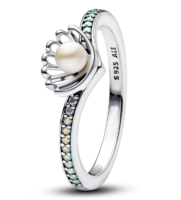 Anillo Pandora concha perla circonias iridiscentes