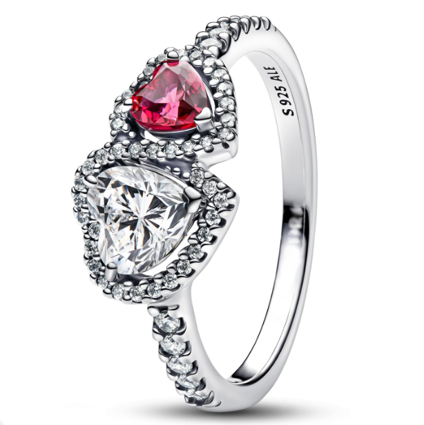 Anillo Pandora dos corazones halo circonia roja y transparente