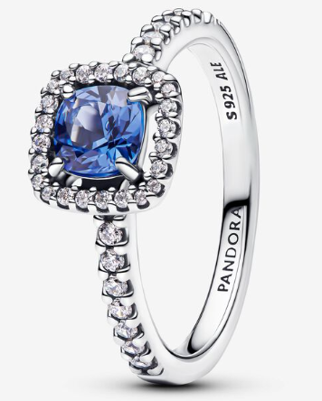 Anillo Pandora halo cojín circonia azul intenso