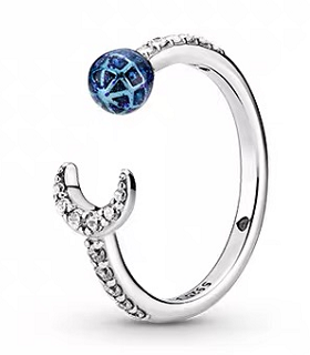 Anillo Pandora Abierto Luna y Esfera Azul Estelar