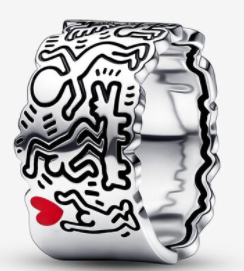Anillo Pandora banda figuras arte urbano esmalte negro plata