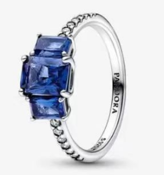 Anillo Pandora piedra azul cuadrada banda cuentas plata
