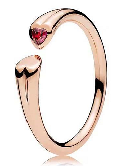 Anillo Pandora Abierto Corazones Circonia Roja Oro Rosa
