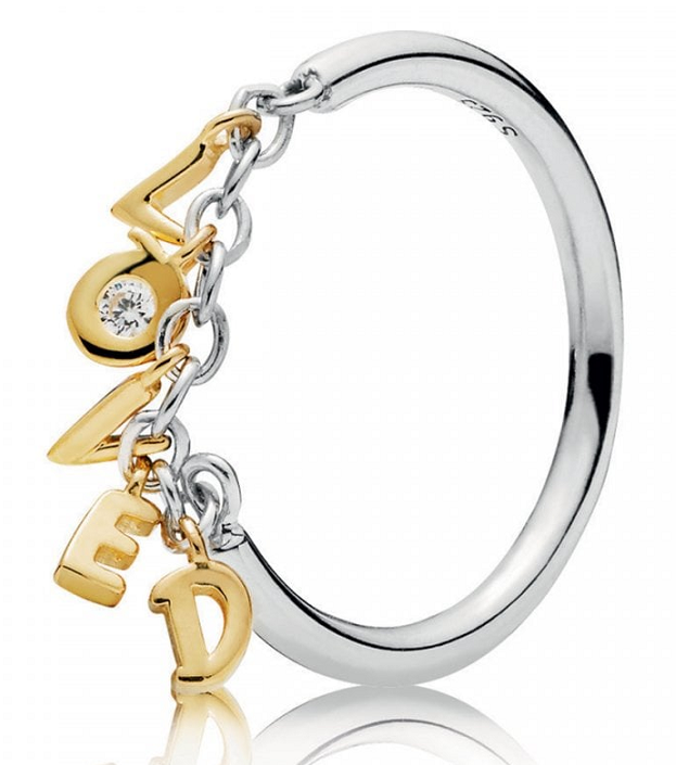 Anillo Pandora dijes letras colgantes bicolor