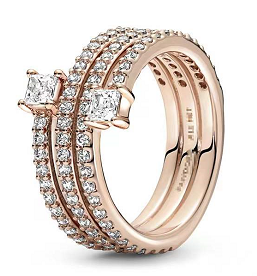 Anillo Pandora doble banda pavé piedras cuadradas oro rosa