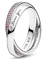 Anillo Pandora doble banda pavé rosa grabado I Love You plata